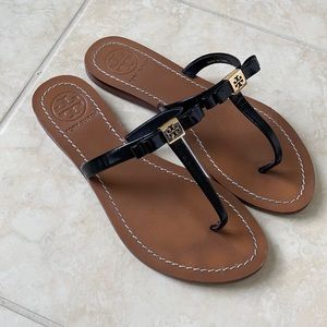Tory Burch Leather Bow Accents T-Strap Sandals